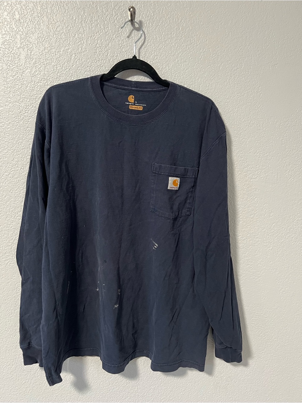 Carhartt Men’s Long-Sleeve Pocket Tee — Navy Distressed Well Worn